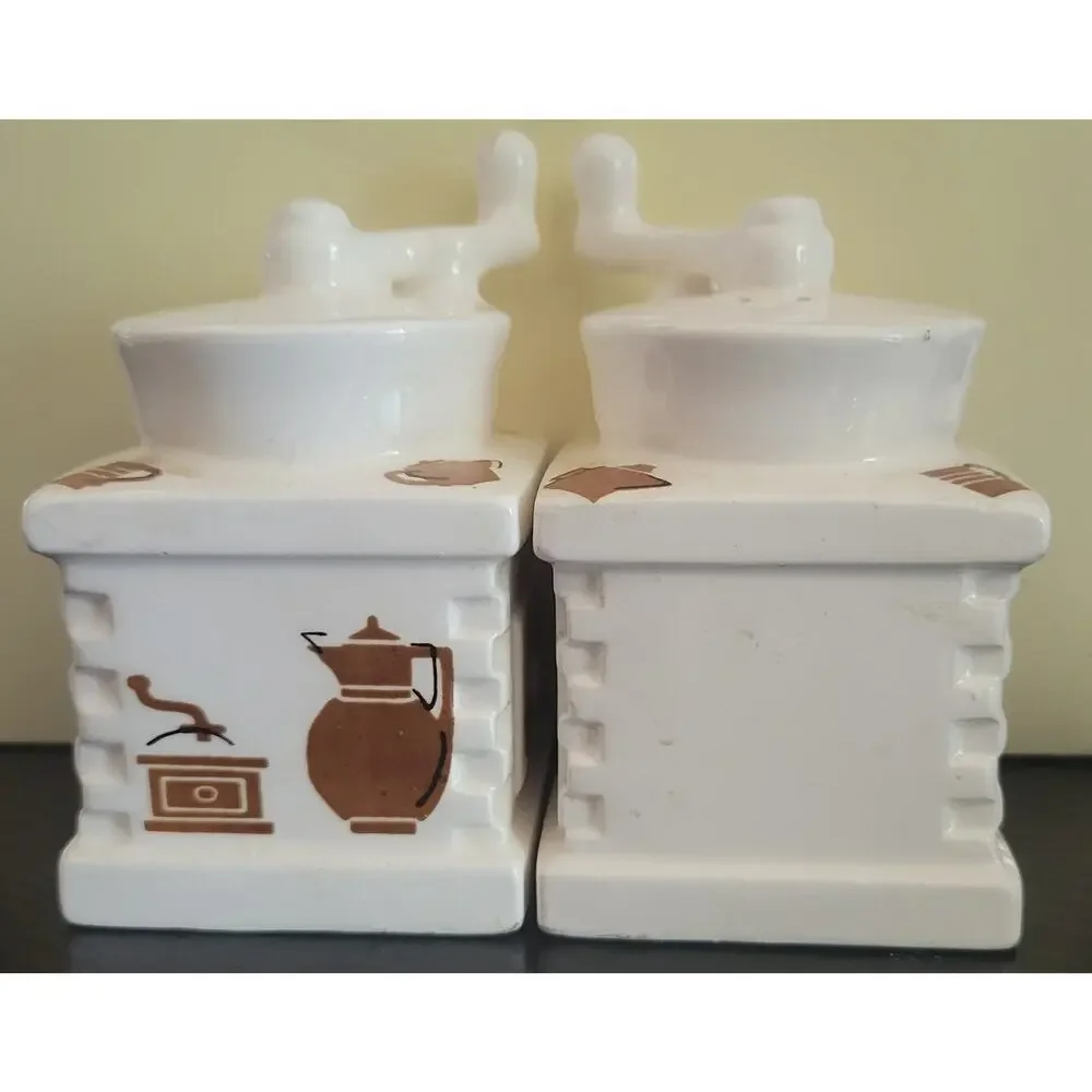 Vtg Hand Painted Salt & Pepper Shakers Coffee Grinder Shape White Brown Med Size